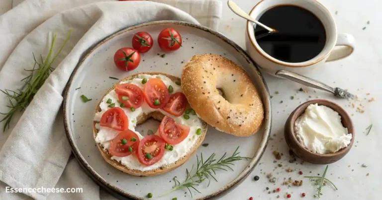 Cream cheese bagel topped with cherry tomato slices and chopped chives on a ceramic plate, served with black coffee and fresh herbs