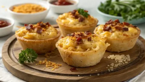 Crispy baked macaroni and cheese cups in a muffin tin