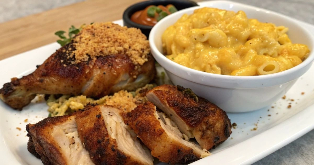 chinese or jerk chicken with mac and cheese