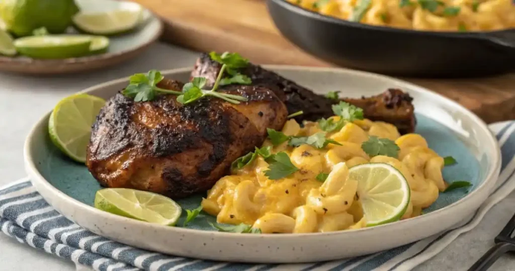 chinese or jerk chicken with mac and cheese