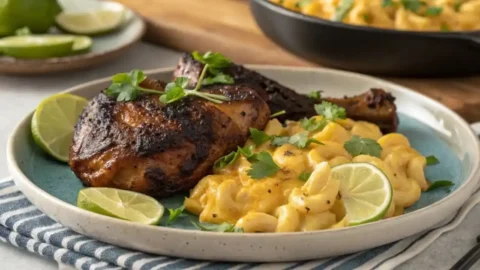 chinese or jerk chicken with mac and cheese