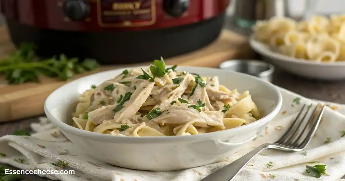 Cream cheese chicken crock pot meal served over noodles in a white bowl, with fresh parsley and a slow cooker in the background.