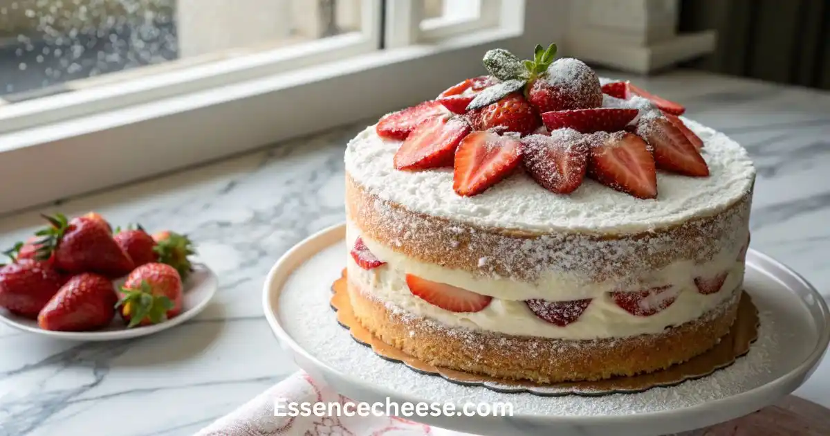 Whole strawberry cream cheese layer cake topped with sliced strawberries and dusted with powdered sugar.