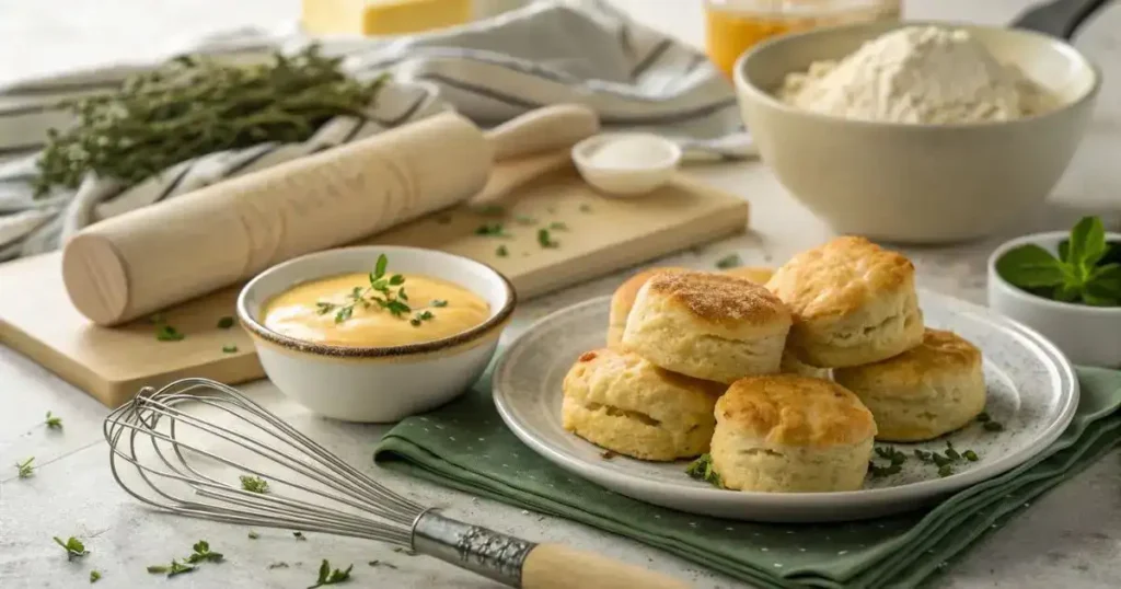 Cheese cream biscuits served with dipping sauce, fresh herbs, and tea alongside a flour-dusted surface with preparation tools like a rolling pin and biscuit cutter