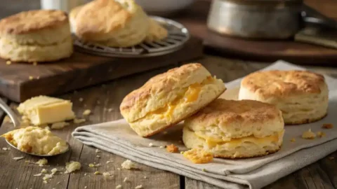 Close-up of golden, flaky cheese cream biscuits with melted cheese filling, stacked and scattered on a rustic wooden table.