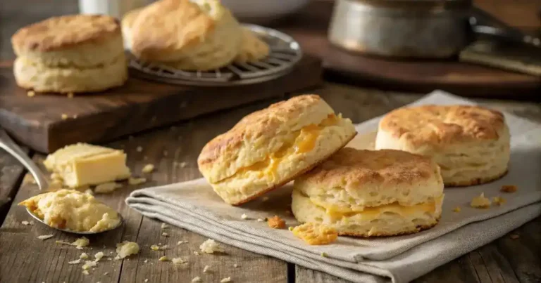 Close-up of golden, flaky cheese cream biscuits with melted cheese filling, stacked and scattered on a rustic wooden table.