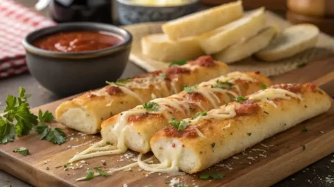 Golden brown cheese sticks inspired by Pizza Hut, garnished with parsley and served with marinara sauce on a rustic wooden board