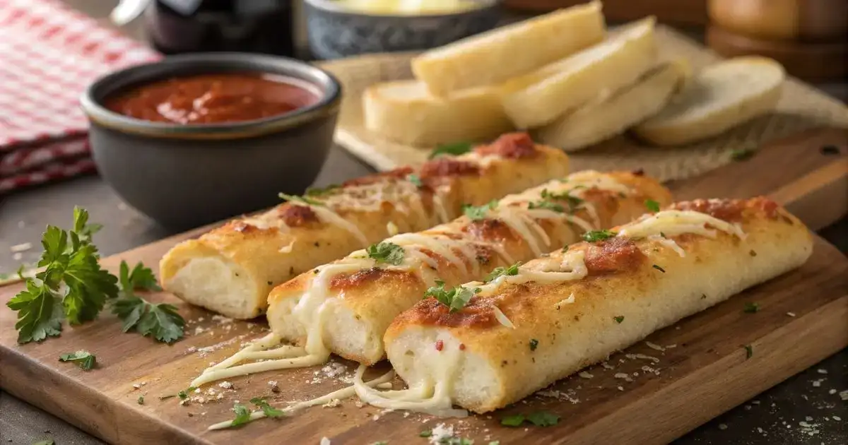 Golden brown cheese sticks inspired by Pizza Hut, garnished with parsley and served with marinara sauce on a rustic wooden board