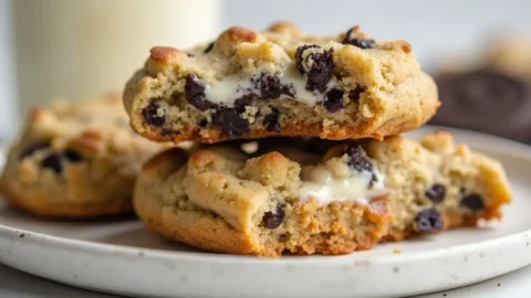 Freshly baked cheesecake cookies on a cooling rack, showcasing a golden exterior and creamy filling, with a cozy kitchen setting and a cup of coffee.