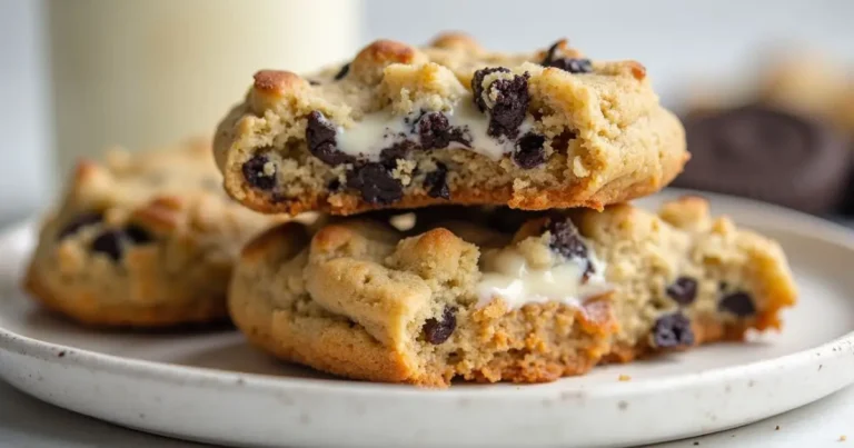 Freshly baked cheesecake cookies on a cooling rack, showcasing a golden exterior and creamy filling, with a cozy kitchen setting and a cup of coffee.