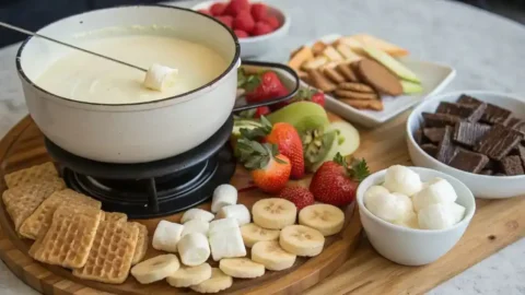 Decadent cheesecake fondue with fresh fruit, cookies, and marshmallows on a wooden platter.