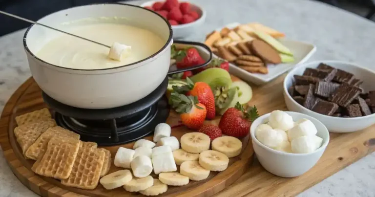 Decadent cheesecake fondue with fresh fruit, cookies, and marshmallows on a wooden platter.