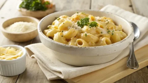 A bowl of creamy macaroni and cheese shells topped with fresh parsley, served on a wooden table with side elements like grated cheese and a napkin.