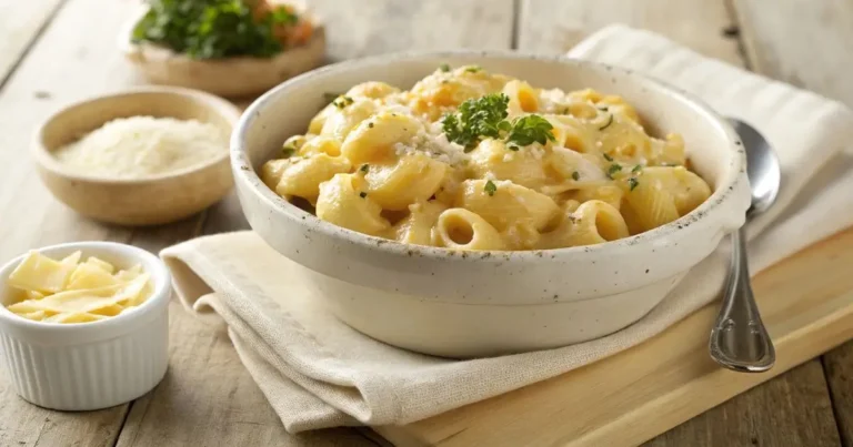 A bowl of creamy macaroni and cheese shells topped with fresh parsley, served on a wooden table with side elements like grated cheese and a napkin.