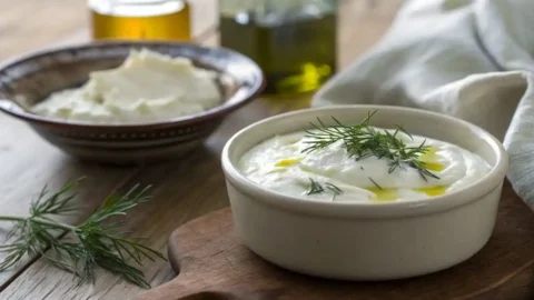 Homemade yogurt cheese topped with olive oil and fresh dill in a ceramic bowl