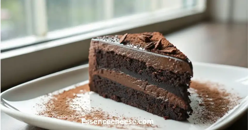 Slice of moist chocolate cake with rich chocolate frosting, topped with cocoa powder and chocolate shavings on a white plate.
