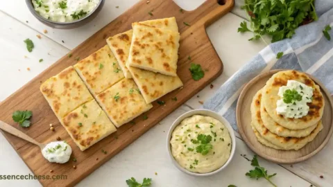 “Cottage cheese flatbread recipe shown two ways – baked golden squares and fluffy pan-fried rounds with sour cream and herbs”