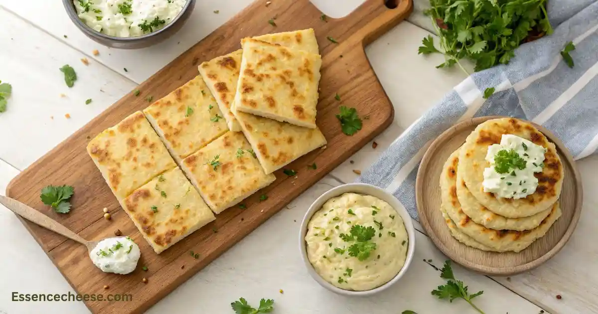 “Cottage cheese flatbread recipe shown two ways – baked golden squares and fluffy pan-fried rounds with sour cream and herbs”