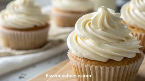 Fluffy cream cheese frosting piped beautifully on golden cupcakes, showing smooth, thick swirls with a glossy finish.