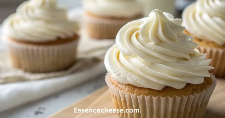 Fluffy cream cheese frosting piped beautifully on golden cupcakes, showing smooth, thick swirls with a glossy finish.