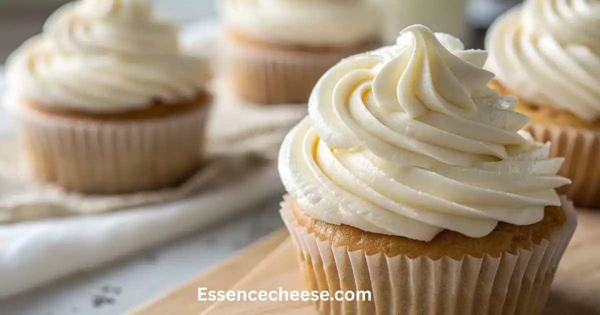 Fluffy cream cheese frosting piped beautifully on golden cupcakes, showing smooth, thick swirls with a glossy finish.