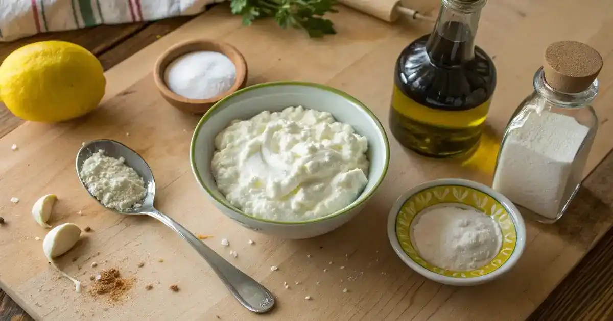 Overhead view of cottage cheese, Greek yogurt, lemon, garlic powder, olive oil, and salt arranged casually on a wooden kitchen table in natural light