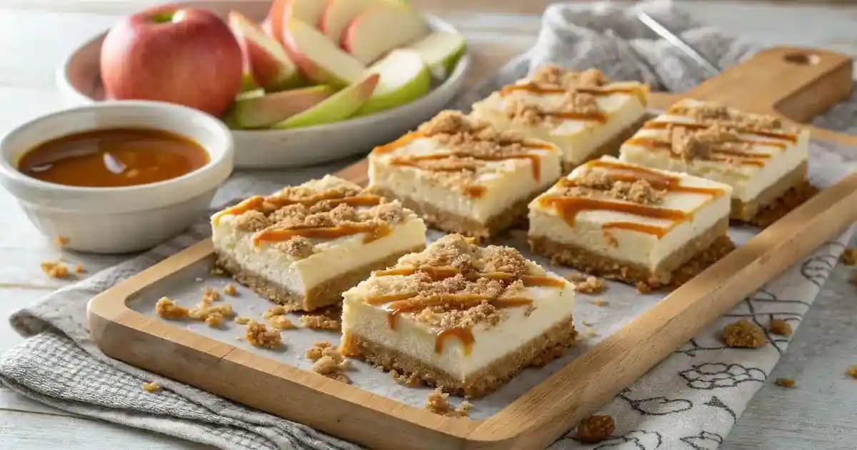Caramel apple cheesecake bars on a cutting board