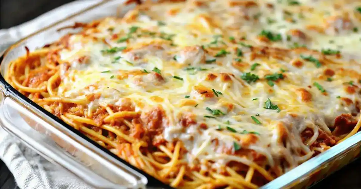 Cream cheese in baked spaghetti casserole with melted cheese topping