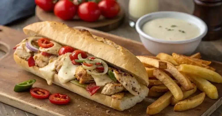 Close-up of a Chicken Philly Cheesesteak sandwich stuffed with sliced chicken, melted provolone cheese, sautéed onions, and bell peppers in a toasted hoagie roll.