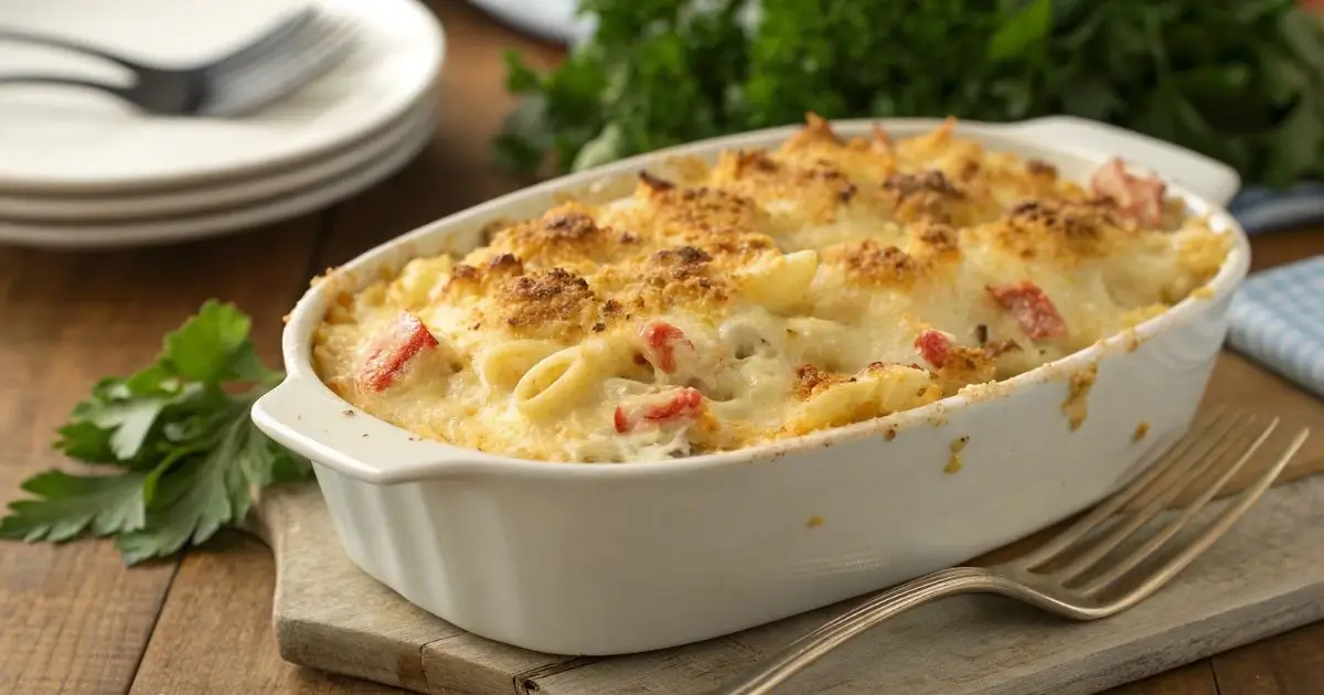 Creamy baked crab mac and cheese topped with golden breadcrumbs in a white ceramic dish.