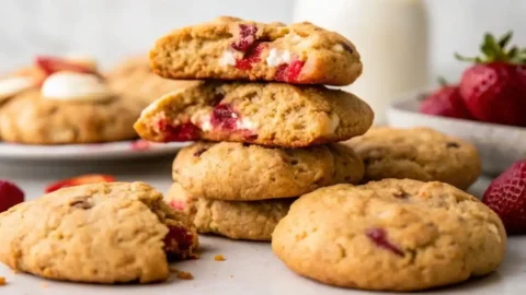 Soft strawberry cheesecake cookies with creamy filling and swirls of strawberry jam on a cooling rack.