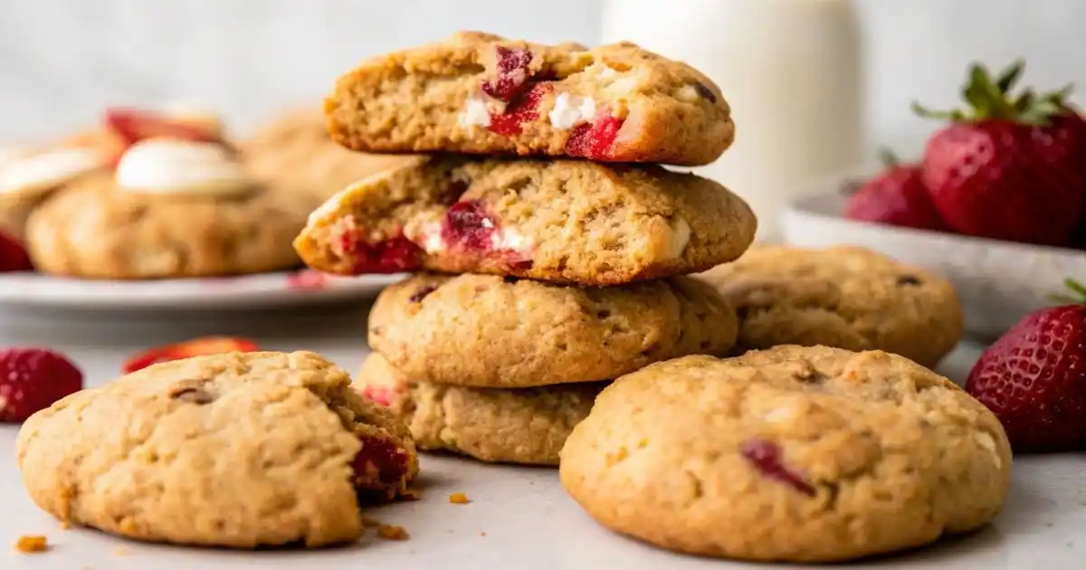 Soft strawberry cheesecake cookies with creamy filling and swirls of strawberry jam on a cooling rack.