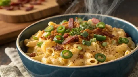 Baked jalapeno mac n cheese in a black skillet topped with sliced fresh jalapeños and crispy golden breadcrumbs.