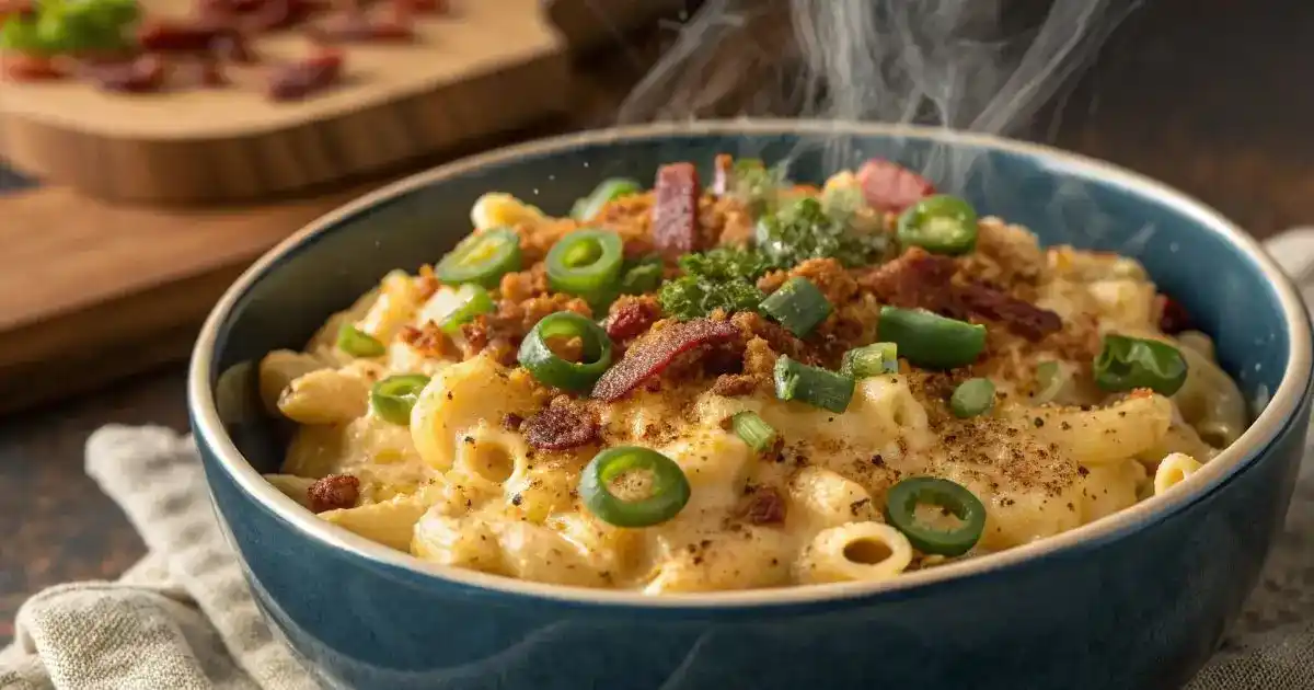 Baked jalapeno mac n cheese in a black skillet topped with sliced fresh jalapeños and crispy golden breadcrumbs.