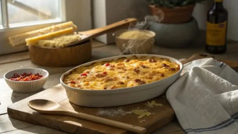 Cajun mac and cheese with crispy top on a wooden counter.