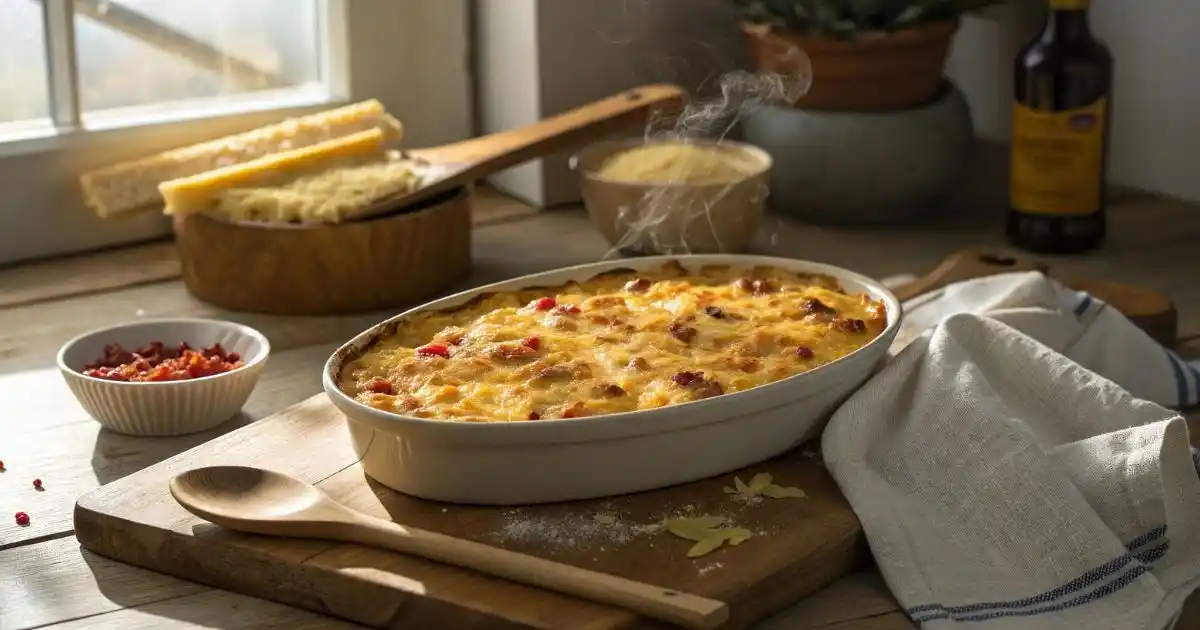 Cajun mac and cheese with crispy top on a wooden counter.