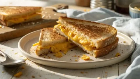 Mac and cheese sandwich sliced in half on a plate, with melted cheese and pasta spilling out.