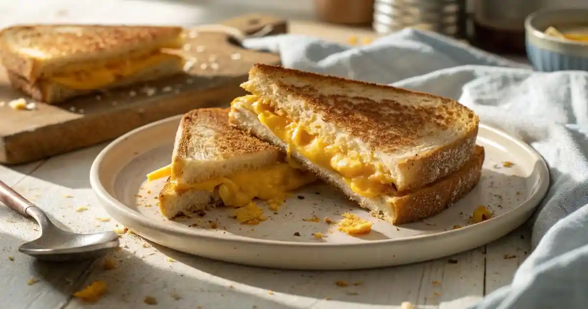 Mac and cheese sandwich sliced in half on a plate, with melted cheese and pasta spilling out.