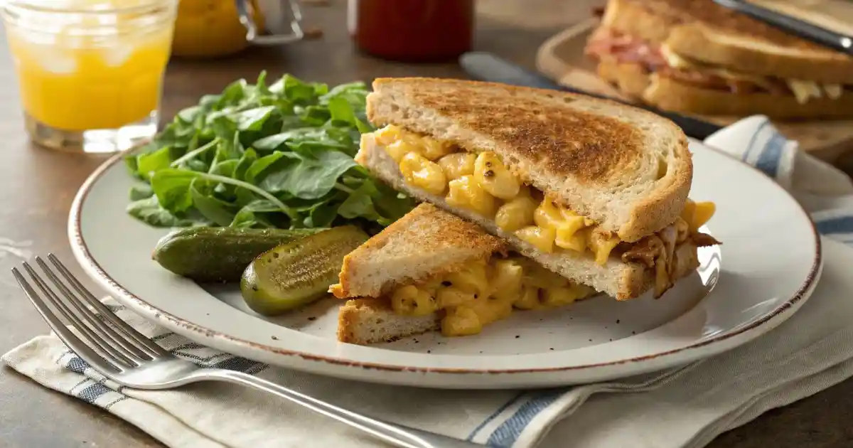 Mac and cheese sandwich served with pickles and a fresh green salad on a white plate.