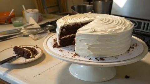 A homemade chocolate cake with cream cheese frosting, one slice missing, sitting on a slightly messy kitchen counter with soft natural light and everyday clutter in the background.