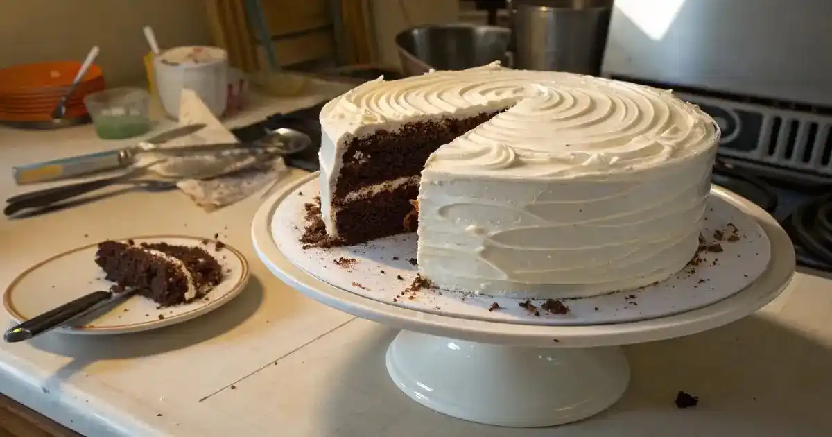 A homemade chocolate cake with cream cheese frosting, one slice missing, sitting on a slightly messy kitchen counter with soft natural light and everyday clutter in the background.