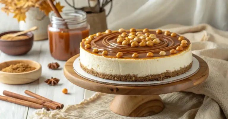 Slice of tres leches cheesecake topped with dulce de leche and golden pearls on a wooden board