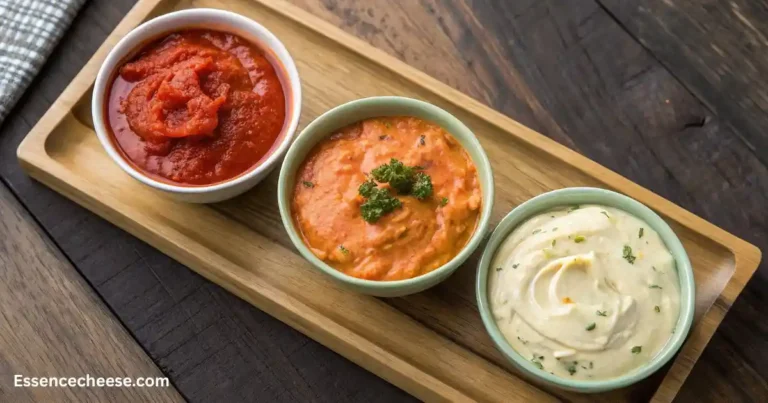 Three flavorful sauces for cheese sticks served in small bowls on a wooden tray, featuring marinara, spicy roasted red pepper, and creamy garlic dip.