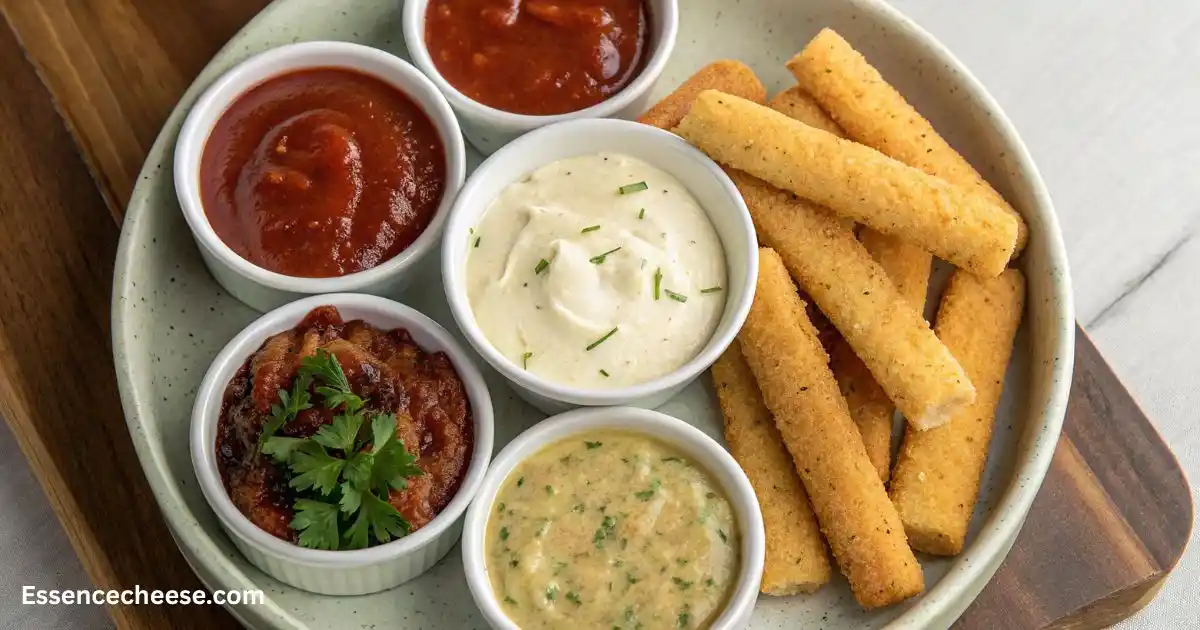 Dipping sauces for cheese sticks, featuring a golden cheese stick being dipped into creamy garlic butter sauce.