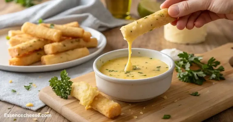 Hand dipping a crispy breadstick into a bowl of creamy garlic butter sauce.