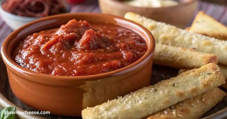 Crispy breadsticks served with a bowl of chunky homemade marinara sauce.