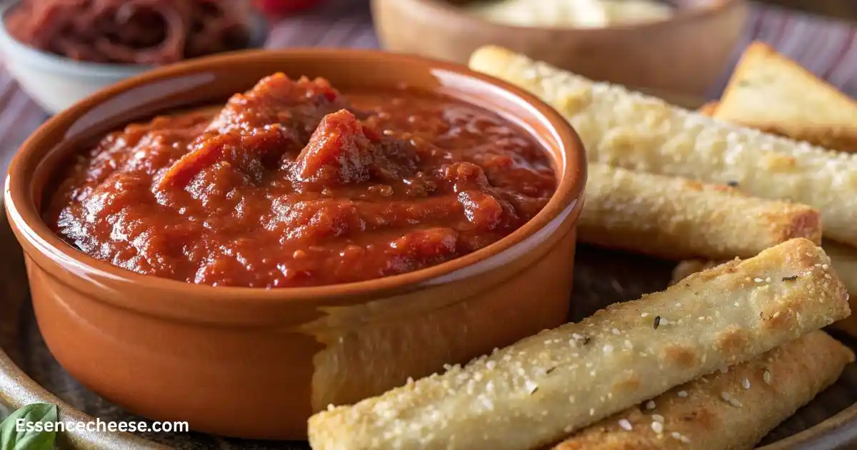 Crispy breadsticks served with a bowl of chunky homemade marinara sauce.