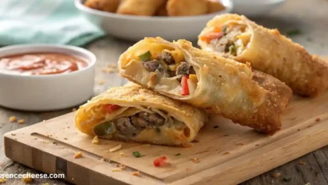 Philly Cheesesteak Egg Rolls cut in half showing savory beef and vegetable filling, served on a wooden board with a side of dipping sauce.