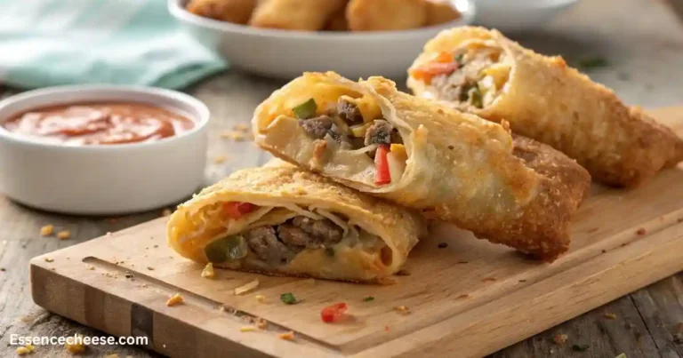Philly Cheesesteak Egg Rolls cut in half showing savory beef and vegetable filling, served on a wooden board with a side of dipping sauce.