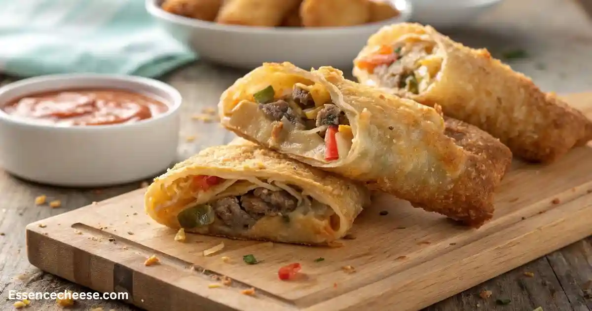 Philly Cheesesteak Egg Rolls cut in half showing savory beef and vegetable filling, served on a wooden board with a side of dipping sauce.